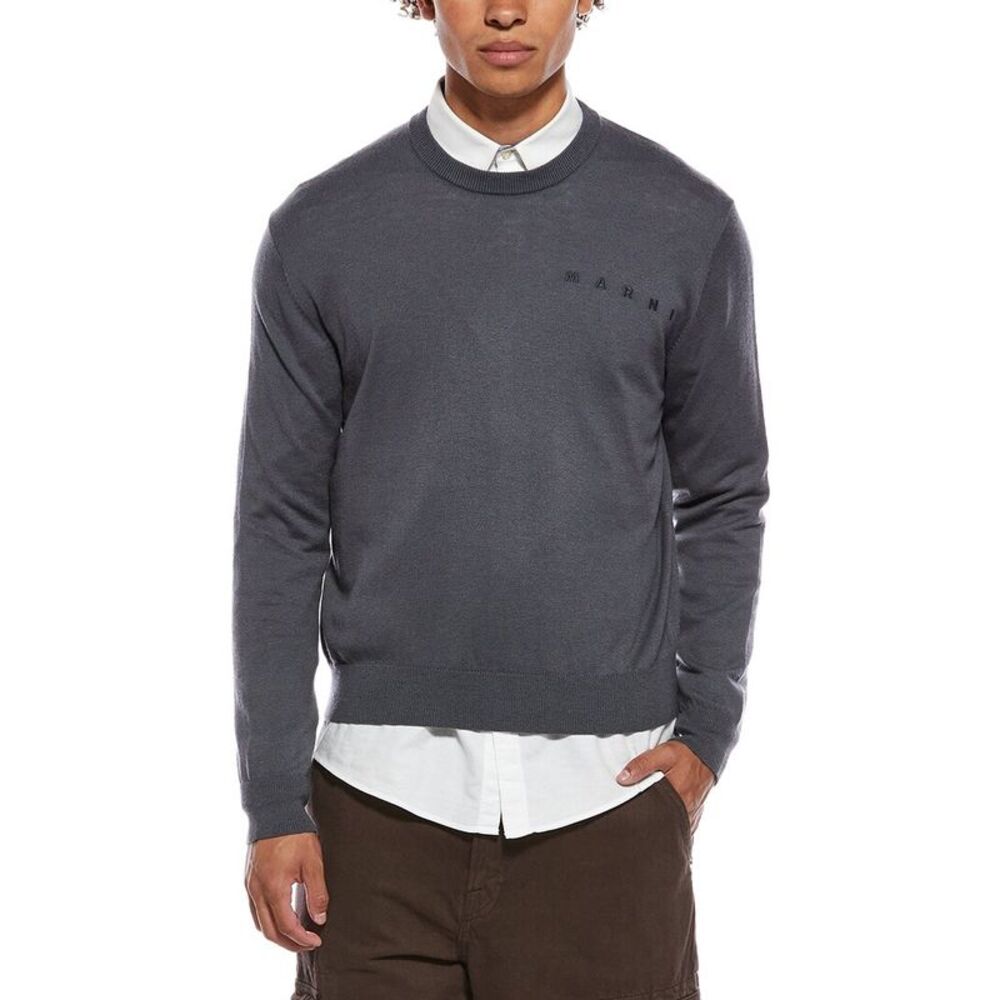Marni Mens  Logo Wool-Blend Crewneck Sweater, Grey
